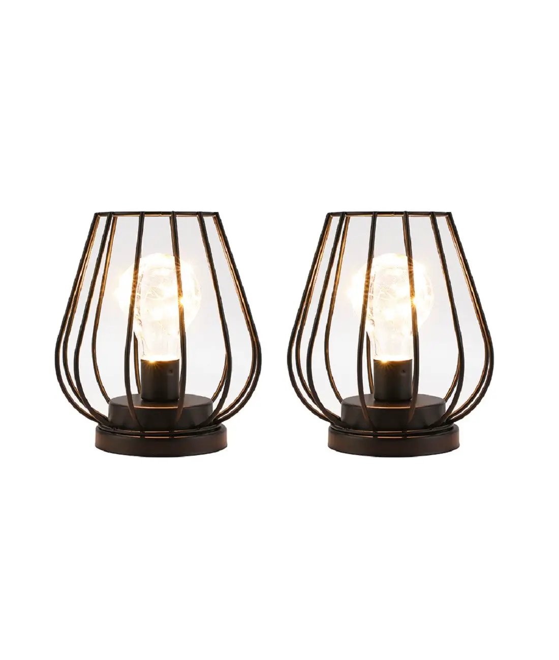 7-inch tall metal cage lamp set, battery-operated cordless lanterns, bronze finish, set of 2