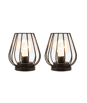 7-inch tall metal cage lamp set, battery-operated cordless lanterns, bronze finish, set of 2