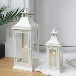 Outdoor candle lanterns set of 2, 19.5'' and 13'' tall, white finish by JHY DESIGN