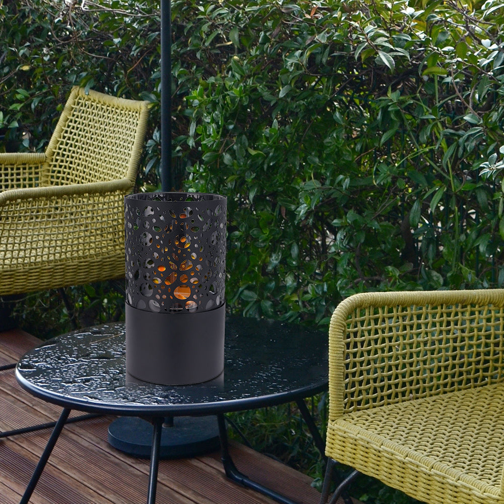 Tabletop fireplace by JHY DESIGN, 7x7x12 in; black perforated metal gel/ethanol burner for outdoors.