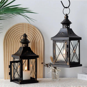11'' High metal decorative candle lanterns, hanging set of 2 in black with glass panels by JHY DESIGN