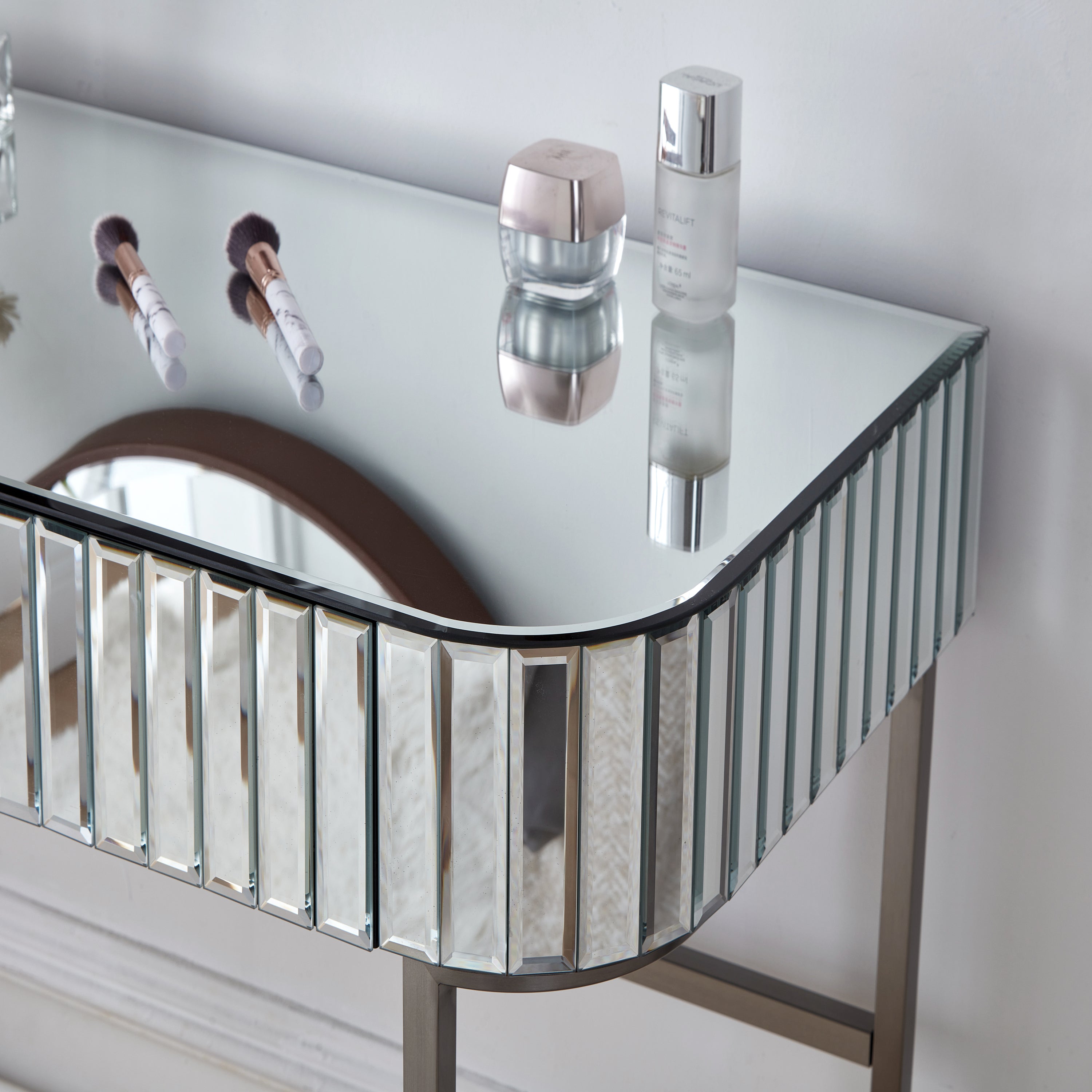 39' Mirrored Makeup Vanity Table with Stainless Steel Base, Mirrored Console Dressing Table with 2 Drawers,Versatile Desk for Bedroom and Office, Silver
