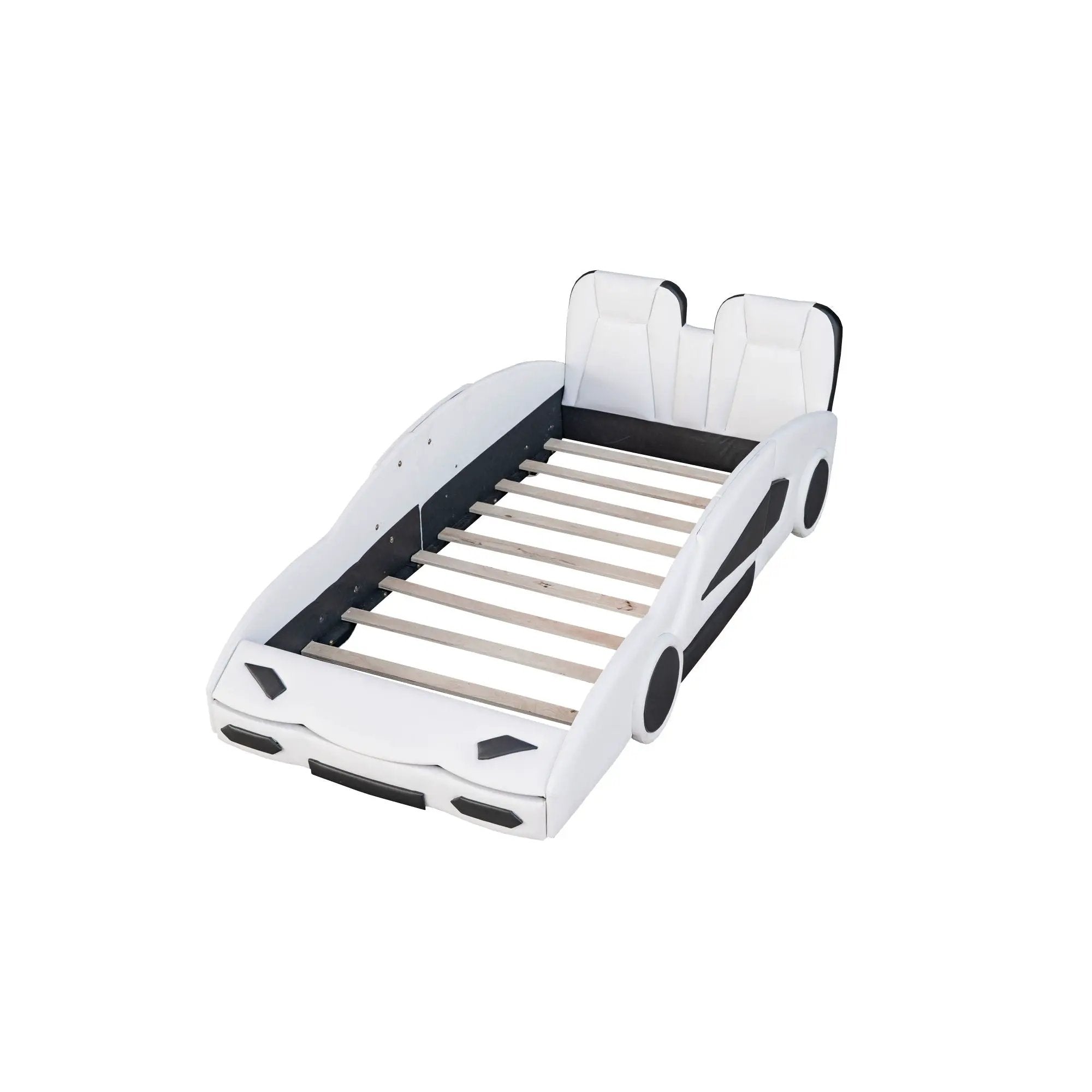 Race Car Shaped Twin Platform Bed With Wheels, Pine Wood Construction
