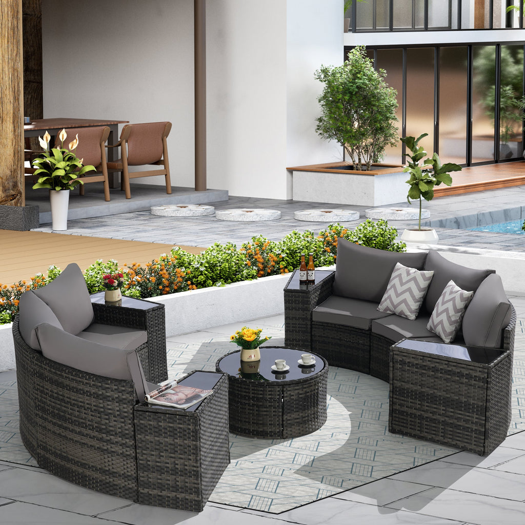 Outdoor Patio Furniture 11-Piece Half-Moon Sectional Round Patio Furniture Set Sofa with Tempered Glass Round Coffee Table