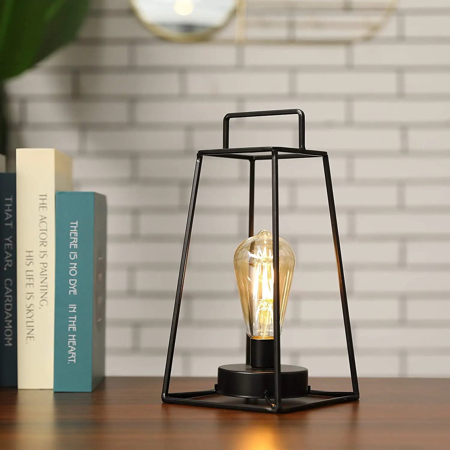 JHY DESIGN 12''H retro geometric table lamp with black metal frame and exposed Edison bulb on a wooden desk.
