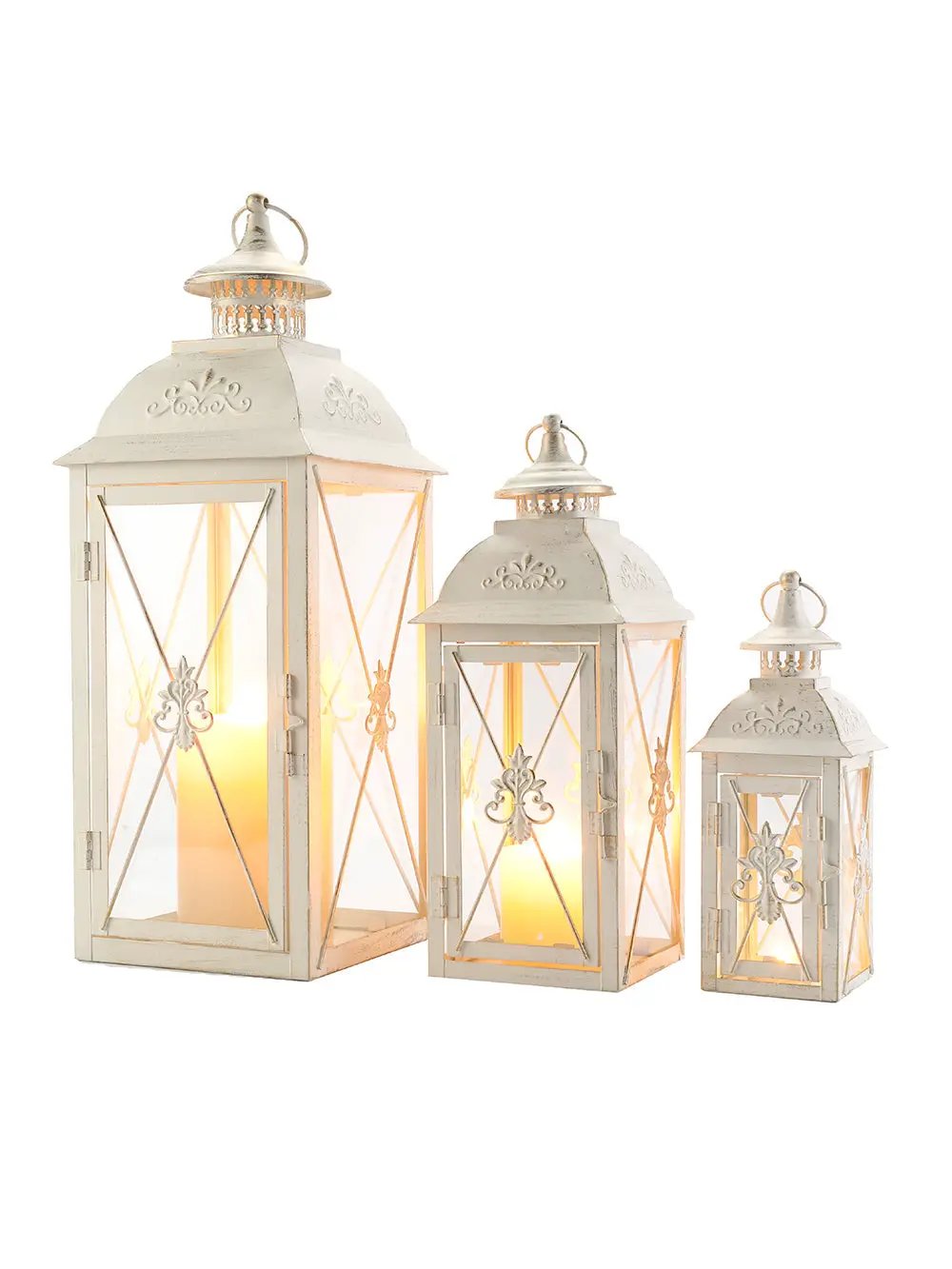 Vintage metal candle lanterns set of 3 hanging in cream distressed finish with glass panes by JHY DESIGN