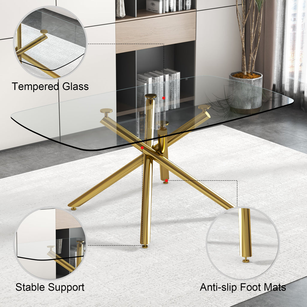 Large Modern Minimalist Rectangular Glass Dining Table with 0.39' Tempered Glass Top and Gilded Metal Legs for Kitchen, Dining Room, Living Room, Meeting Room, Ballroom 71' x 35.4' x 30'.