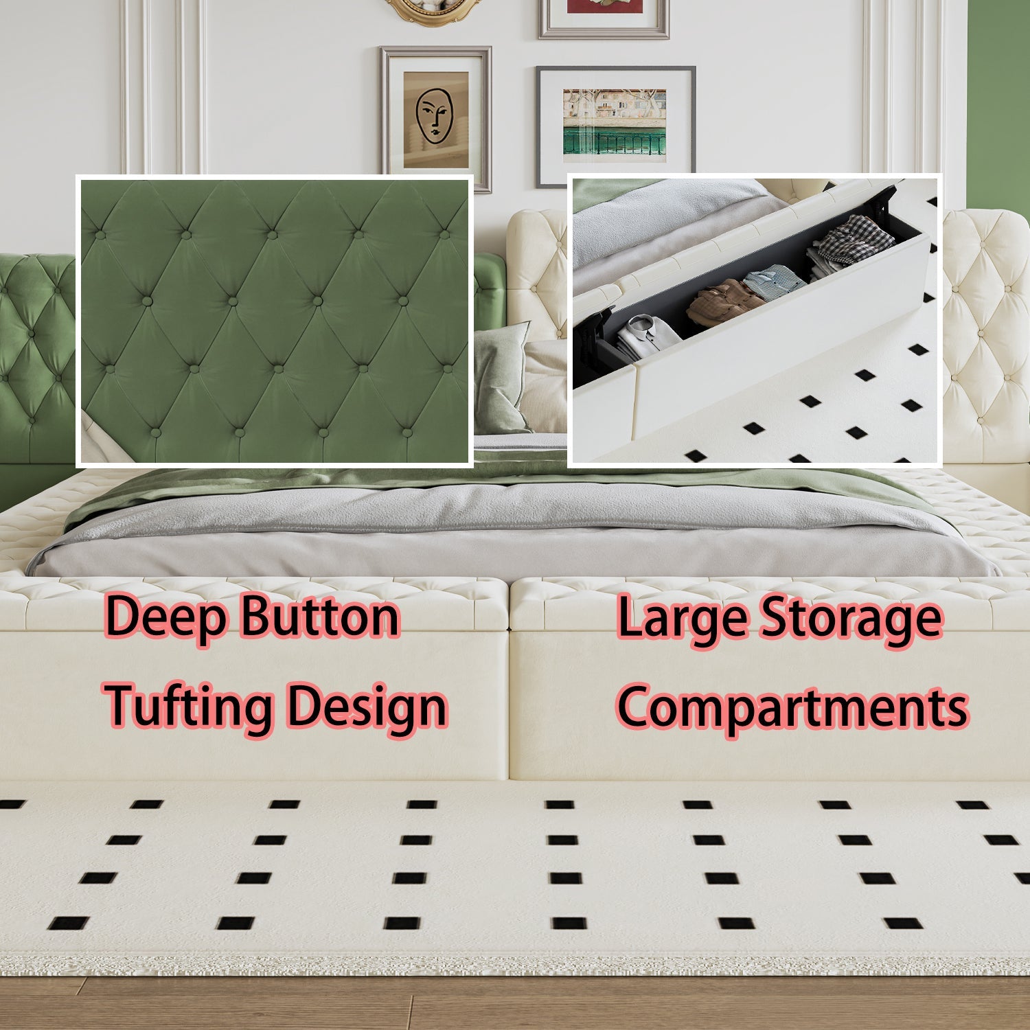 Contemporary Special-shaped Fully Upholstered Bed with Deep Button Tufting and Storage Compartments in Rails and Footboard,No Box Spring Needed,King,Beige