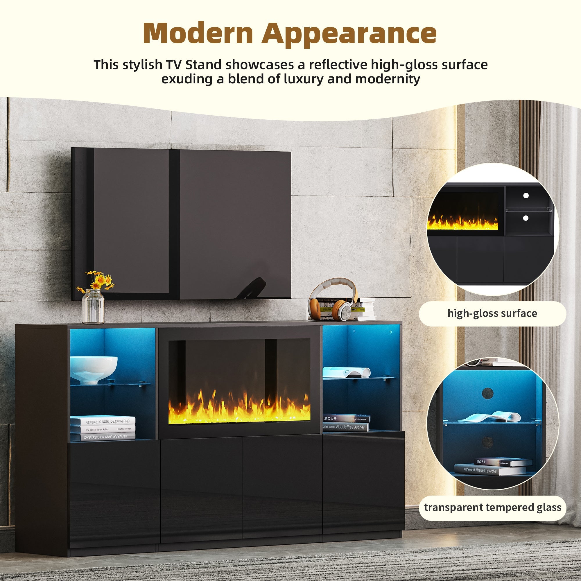 ON-TREND Modern TV Stand with 34.2' Non-heating Electric Fireplace, High Gloss Entertainment Center with LED Lights, Media Console with Tempered Glass Shelves for TVs up to 75', Black