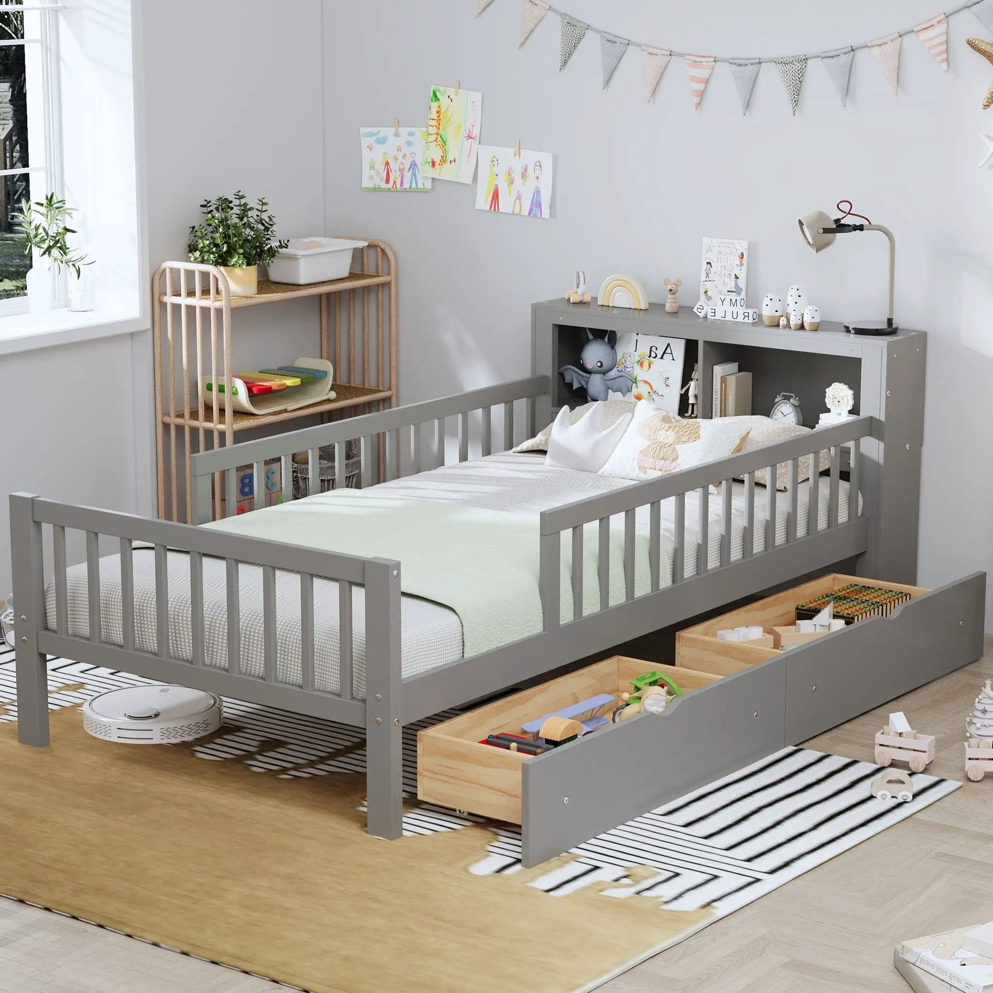 Bed With Headboard Storage Rack, 2 Under Bed Drawers, 3 Side Guardrails For Safety