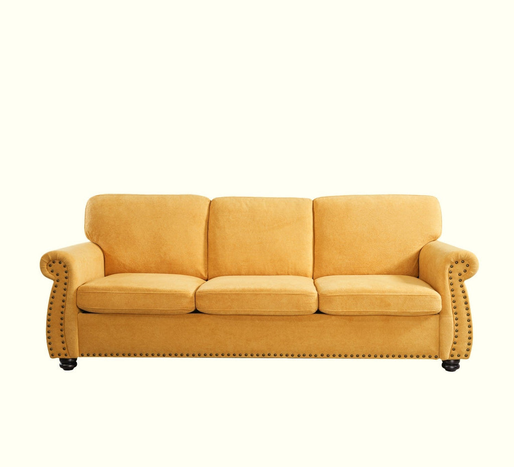 Soft Velvet Sofa, Upholstered 3 Seater Couch with High-Density Foam, Loose Back Cushions and Solid Wood Turned Legs, Chic Living Room Furniture for Home, Apartment and Office, Mustard yellow