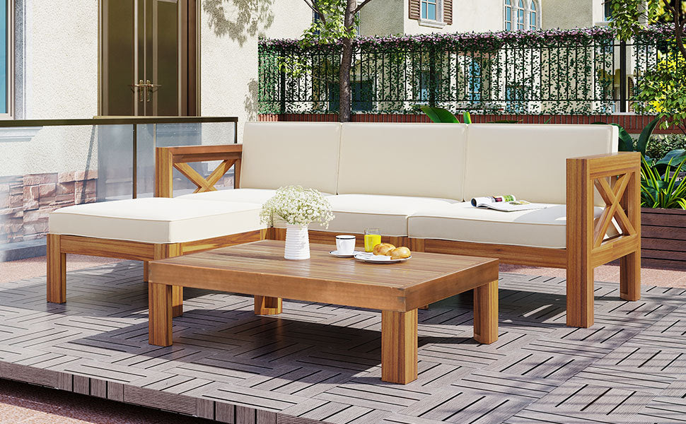 TOPMAX Outdoor Backyard Patio Wood 5-Piece Sectional Sofa Seating Group Set with Cushions, Natural Finish+ Beige Cushions