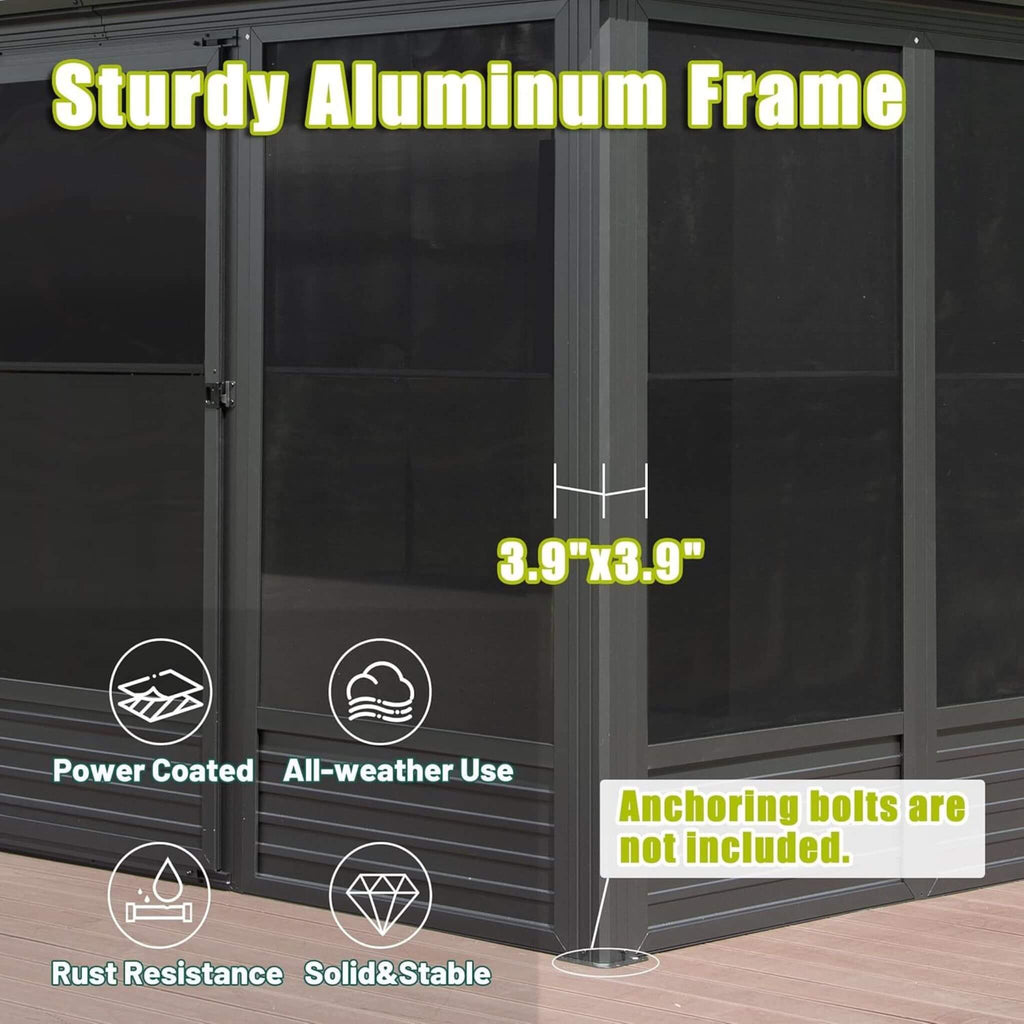[11X14FT] Premium Four Season Outdoor Aluminum Hardtop Gazebo Sunroom With Galvanized Steel Roof, Sliding Doors And Movable PVC Screen Walls (SAK88776)