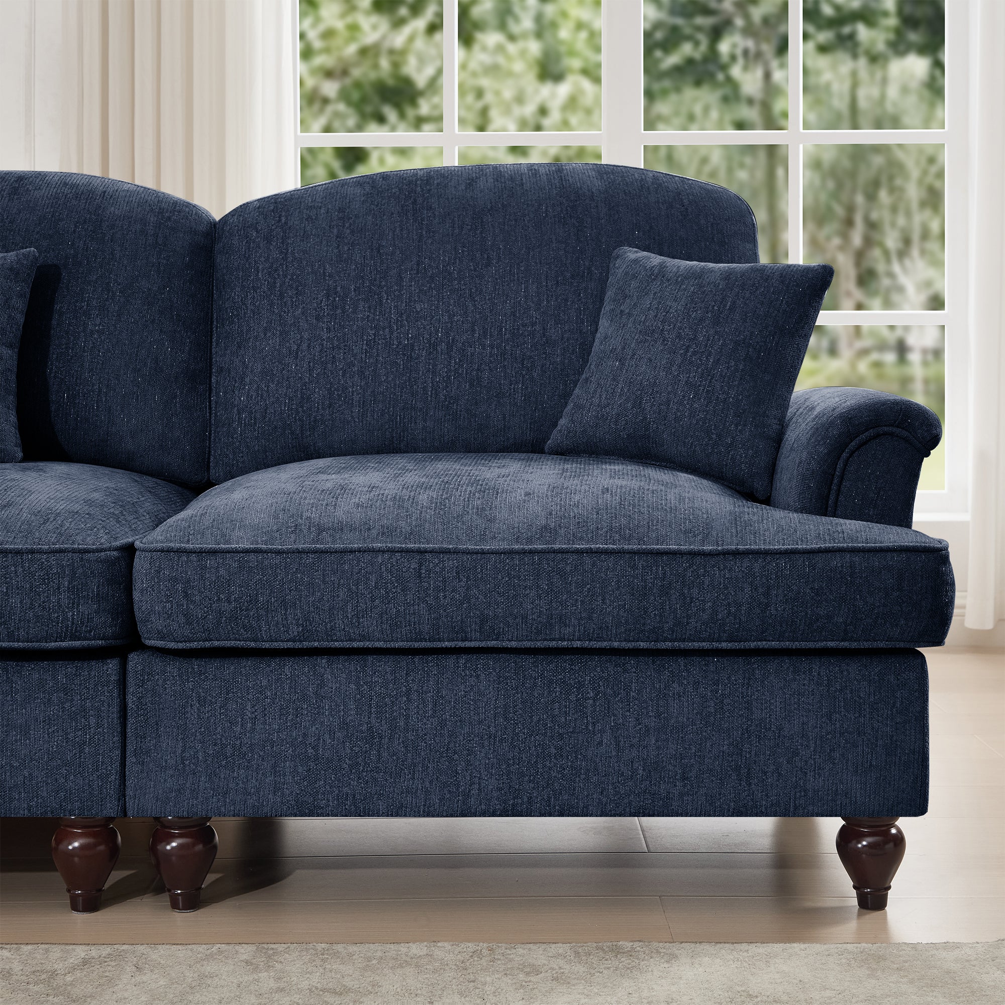 Elegant Mid Century Large 4 Seater Sofa Couch with Flared Arms and Removable Ruffles Pleats Skirts and Spindle Legs, Comfy Chenille Four-Seat Sofa for Living Room, Blue