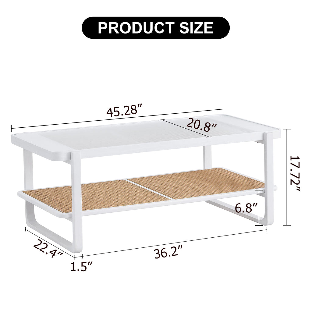 Modern minimalist white double layered solid wood coffee table. Glass tabletop, imitation rattan  edge table. Rectangular table suitable for living room, dining room, and bedroom