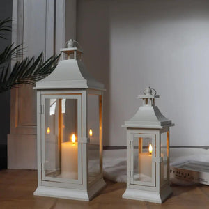 Set of 2 outdoor decorative candle lanterns by JHY DESIGN, white metal with glass panels