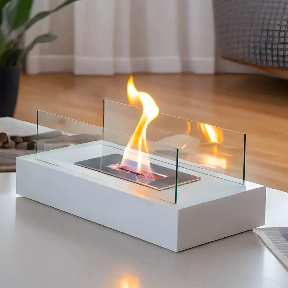Square Tabletop Fire Bowl Pot with Two-Sided Glass by JHY DESIGN; white base, glass panels, gel/ethanol fireplace.