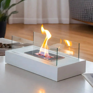 Square Tabletop Fire Bowl Pot with Two-Sided Glass by JHY DESIGN; white base, glass panels, gel/ethanol fireplace.