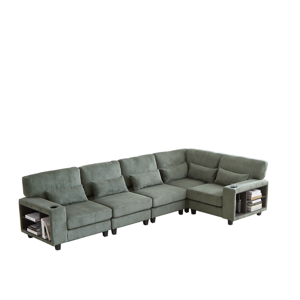 102.75*102.75' L-Shaped Modular Sectional Sofa, Modern Corduroy Sectional Sofa, Arm with Storage With Cup Holder 5-Seat Convertible Sectional Sofa for Living Room, Bedroom, Lounge and Projection Room