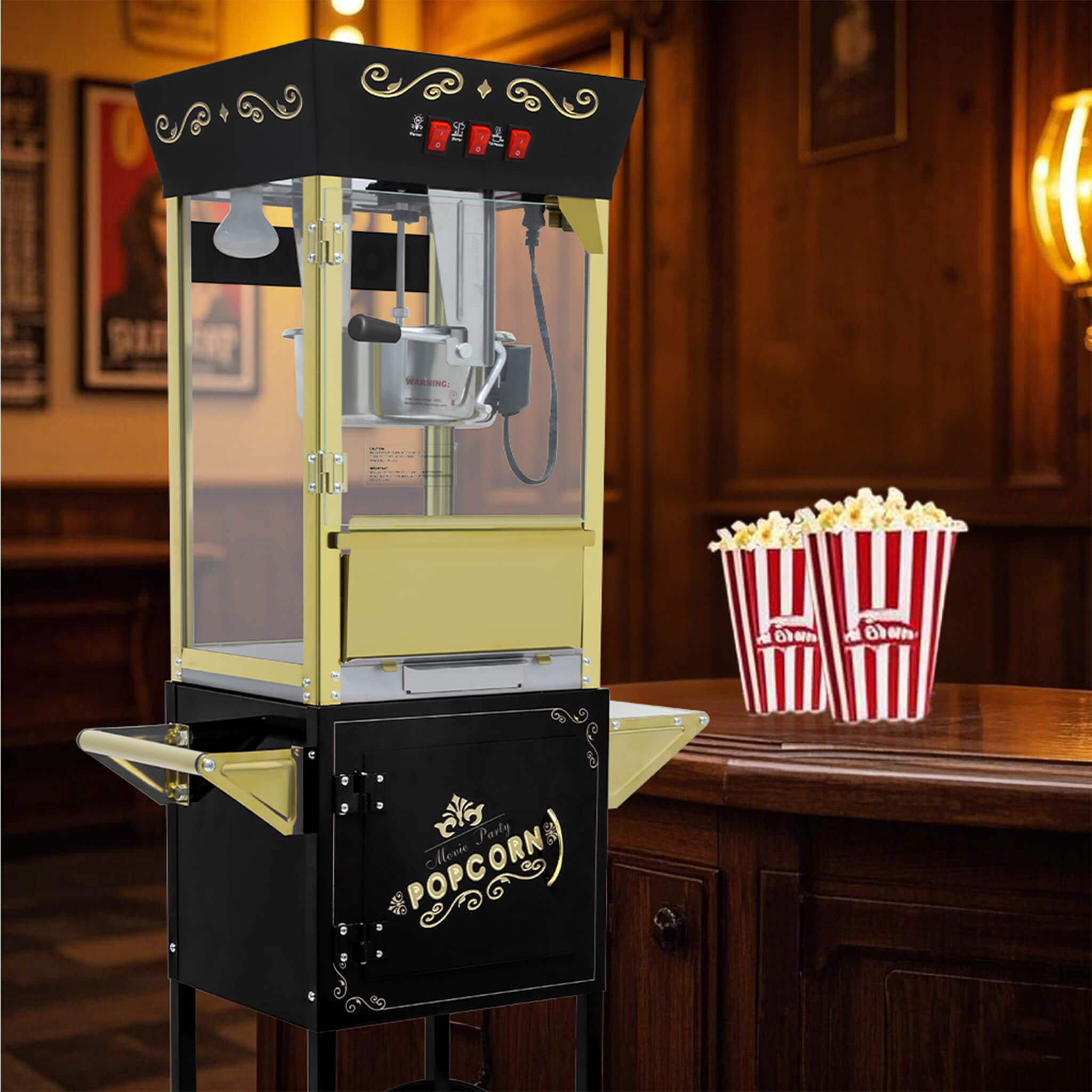 Premium 12OZ Stainless Steel Vintage Popcorn Machine Cart With Wheels (SAK51539)