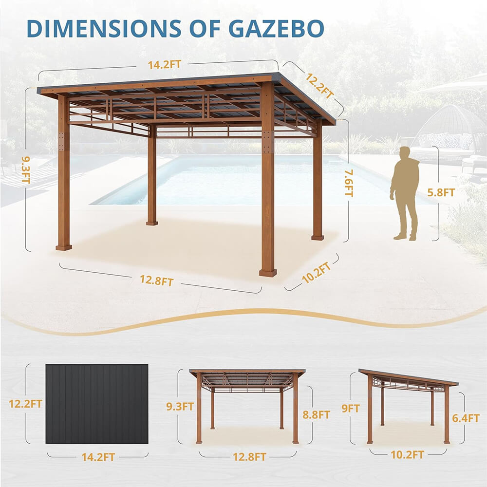 [12x14] Heavy Duty Outdoor Hardtop Wood Frame Gazebo Canopy With Metal Roof & Curtains (SAK43625)