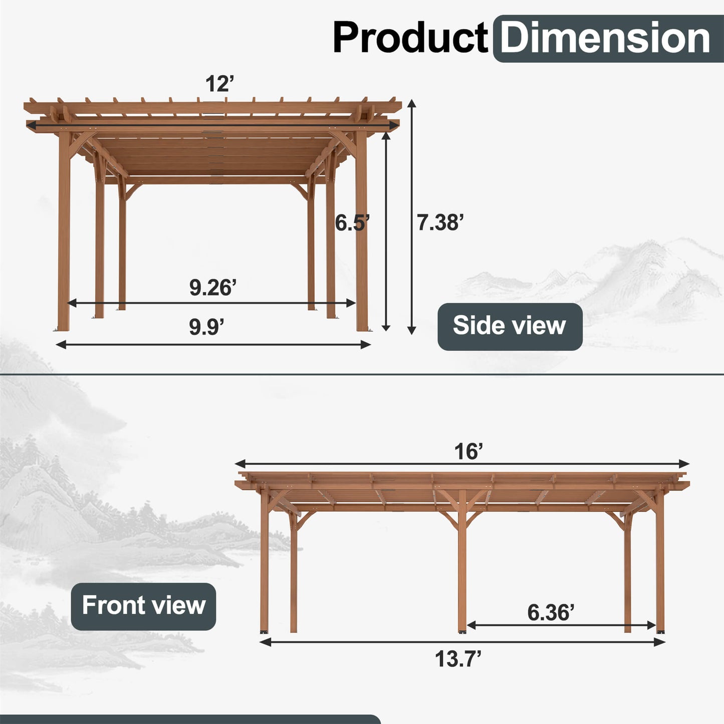[12x16FT] Extra Large Outdoor Wooden Waterproof Grape Gazebo, Brown (SAK76476)