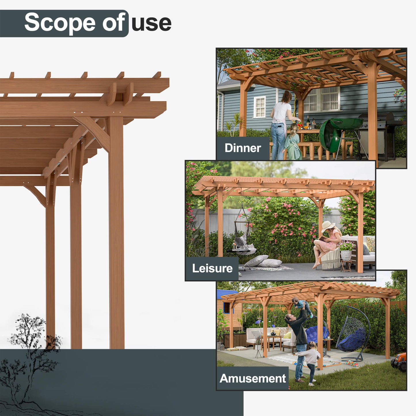 [12x16FT] Extra Large Outdoor Wooden Waterproof Grape Gazebo, Brown (SAK76476)