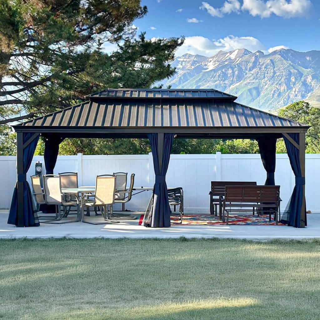 [12x20FT] Heavy Duty Outdoor Backyard Hardtop Gazebo With Netting And Curtains (SAK18352)