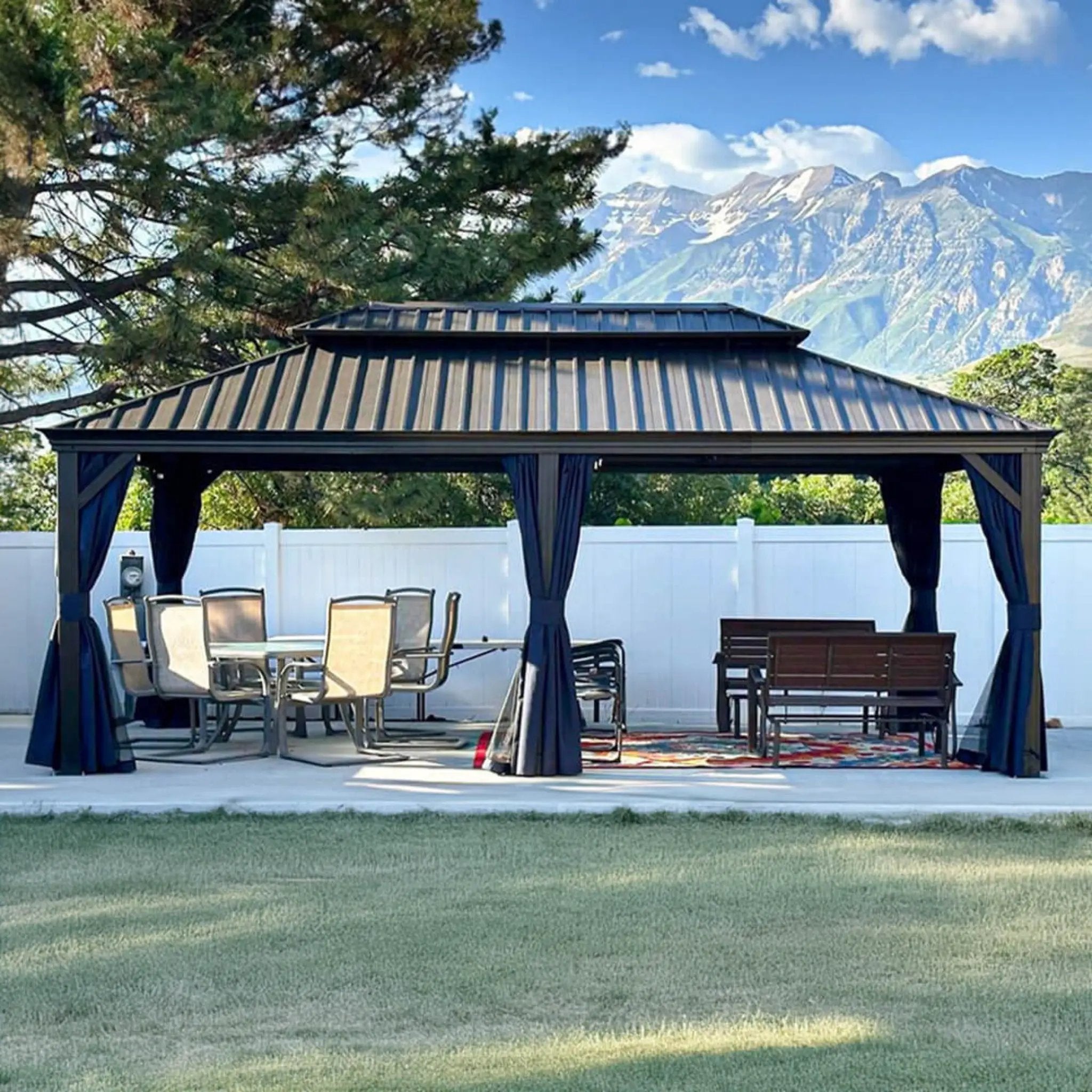 [12x20FT] Heavy Duty Outdoor Backyard Hardtop Gazebo With Netting And Curtains (SAK18352)