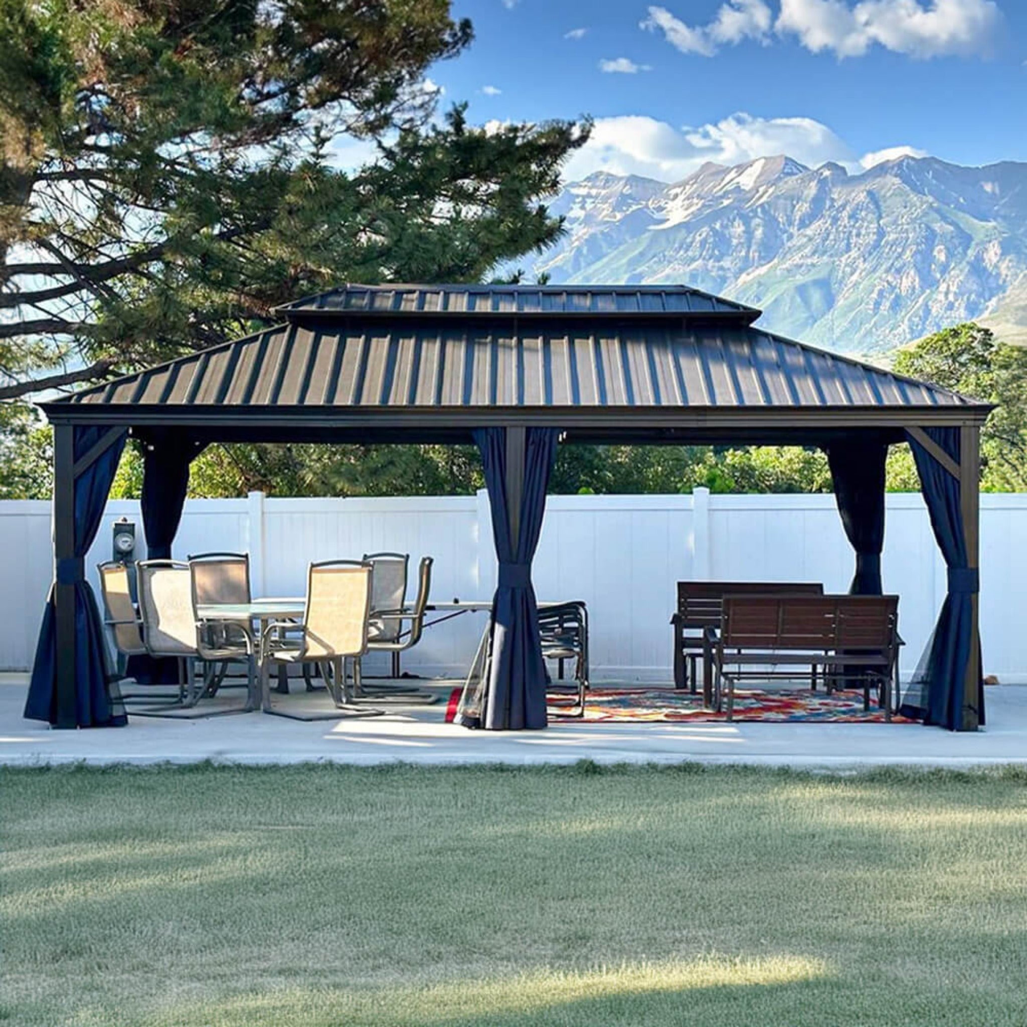 [12x20FT] Heavy Duty Outdoor Backyard Hardtop Gazebo With Netting And Curtains (SAK18352)