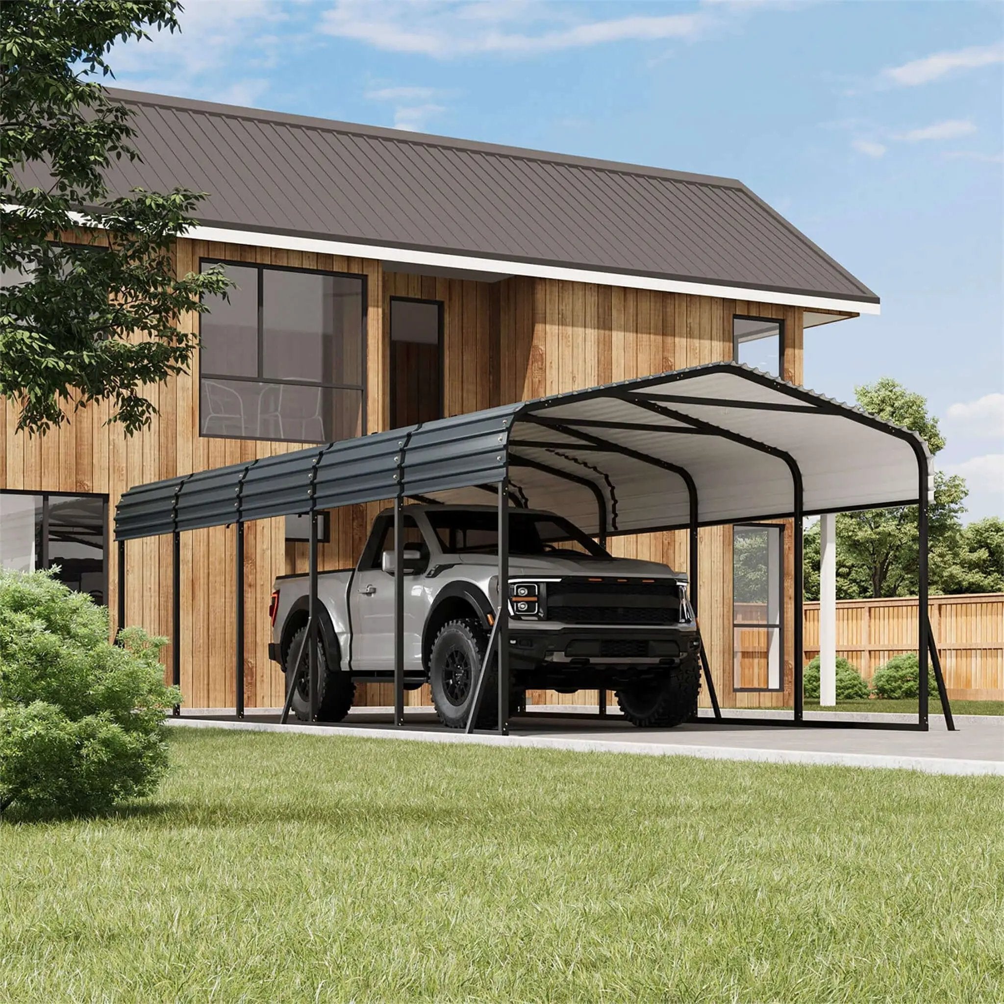 [12X24FT] Large Heavy Duty Outdoor Metal Carport Kit With Galvanized Steel Roof (SAK53849)