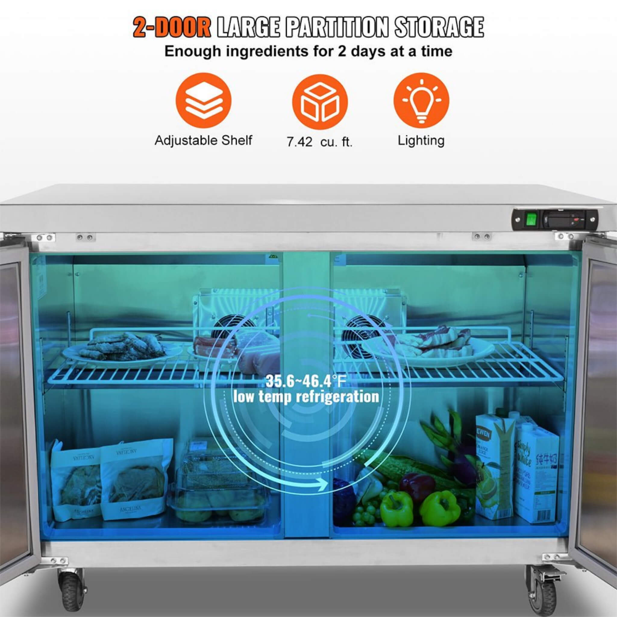 12.9 Cu.Ft 2-Door Commercial Stainless Steel Worktop Undercounter Refrigerator, 48" (SAK13725)