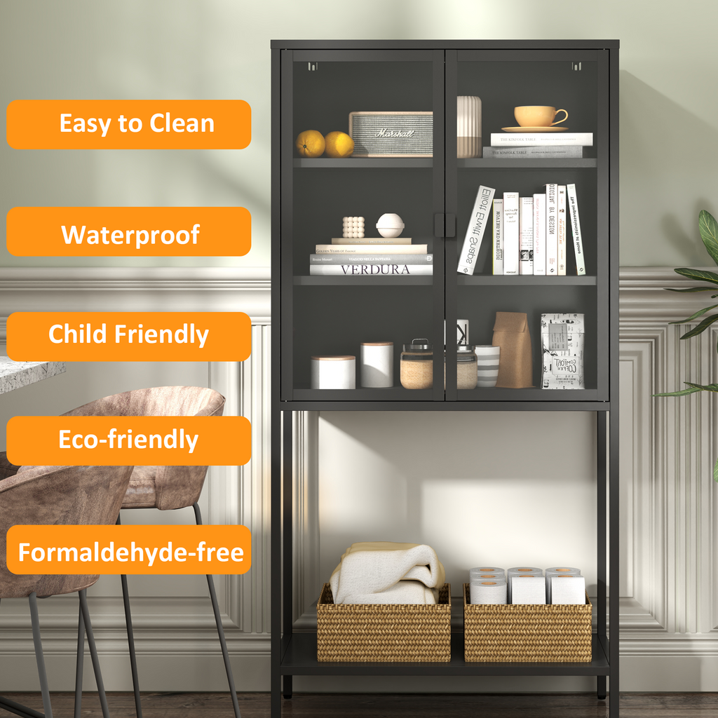 59"H Heavy Duty Metal Storage Cabinet,Sideboards & Buffet,Display Storage Cabinet with Glass Doors and 2 Adjustable Shelves, Tall Bookcase Modern Bookshelf Cabinet for Home Office, Living Room