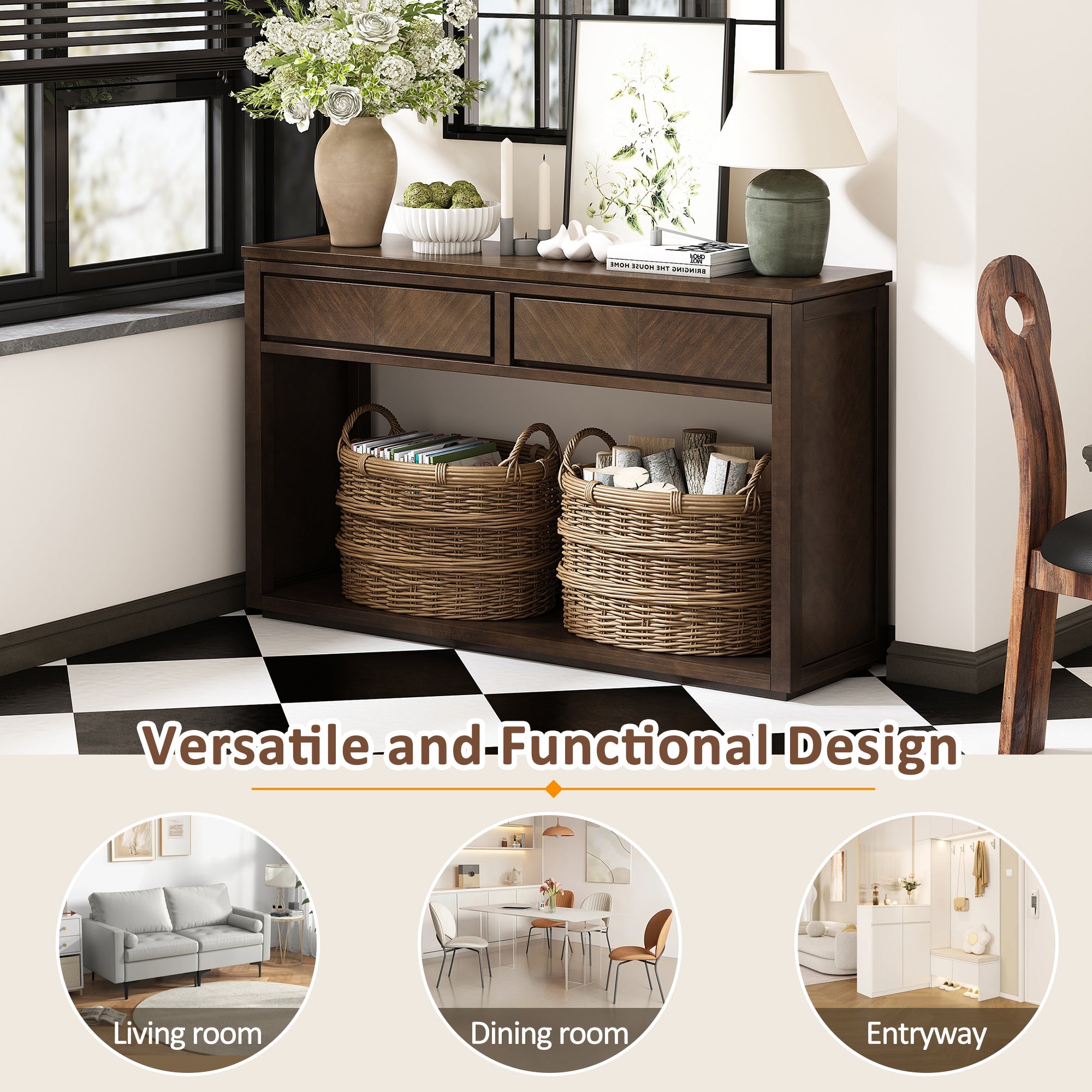 TREXM 55' Console Table, Rustic Wooden Entryway Table with Storage Drawers and Open Shelf, Elegant Sofa Table for Hallway and Living Room (Brown)