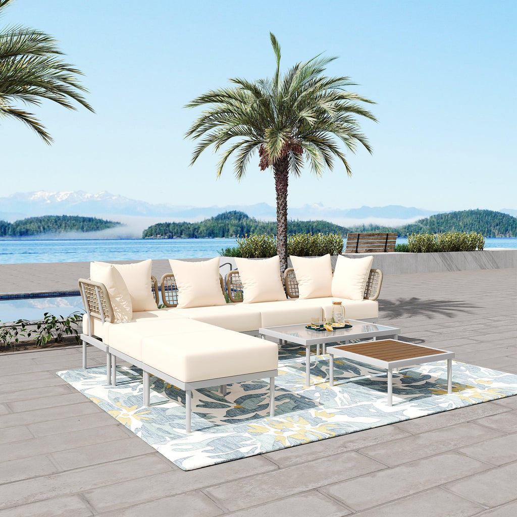 TREXM 8-Piece Patio Sectional Sofa Set with Tempered Glass Coffee Table and Wooden Coffee Table for Outdoor Oasis, Garden, Patio and Poolside (Beige Cushion + White Steel)