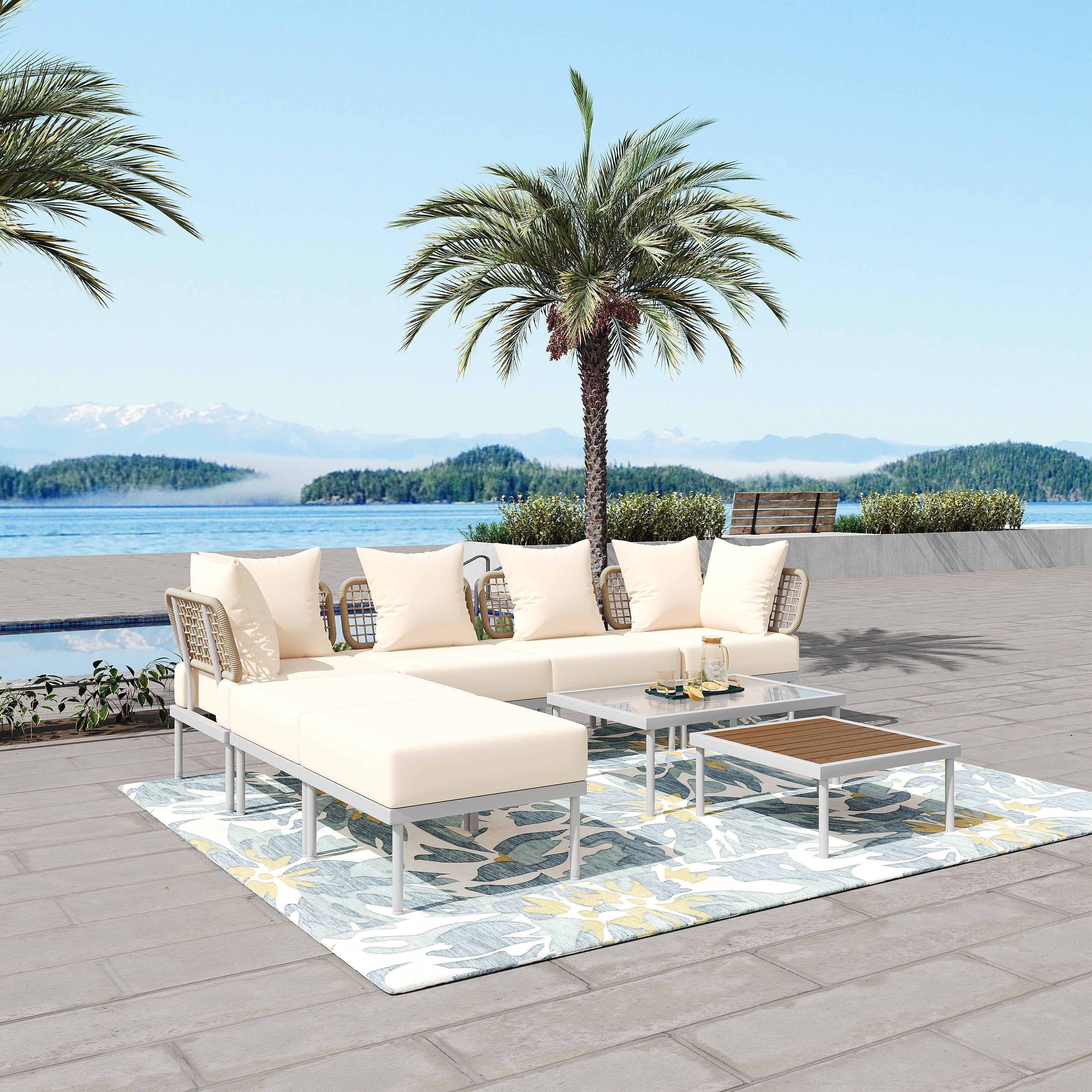 TREXM 8-Piece Patio Sectional Sofa Set with Tempered Glass Coffee Table and Wooden Coffee Table for Outdoor Oasis, Garden, Patio and Poolside (Beige Cushion + White Steel)