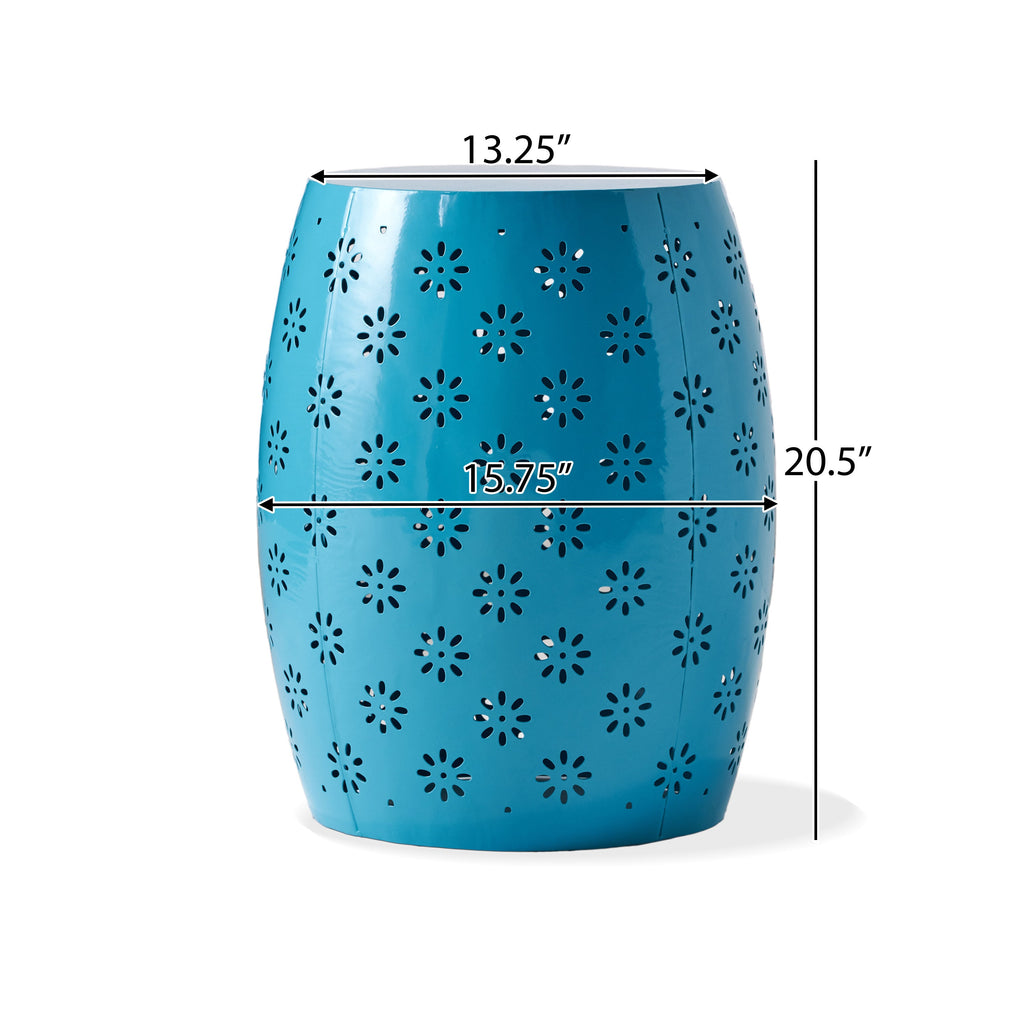 SOLEIL Barrel-Shaped Side Table Blue Iron 15.75 x 15.75 x 20.50 Inches