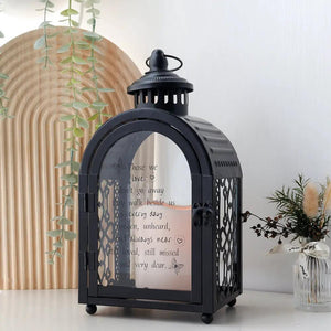 11in remembrance lantern by JHY DESIGN, black metal decorative candle lantern with memorial poem on glass panel