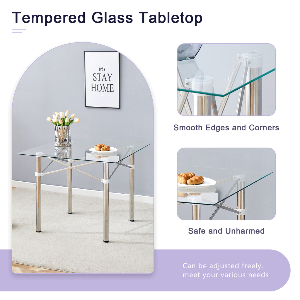 Elegant Expandable Square Glass Table - 36' Clear Tempered Glass, Silver Metal Legs.Telescopic metal legs, transparent square glass tabletop, suction cup attachment connection.