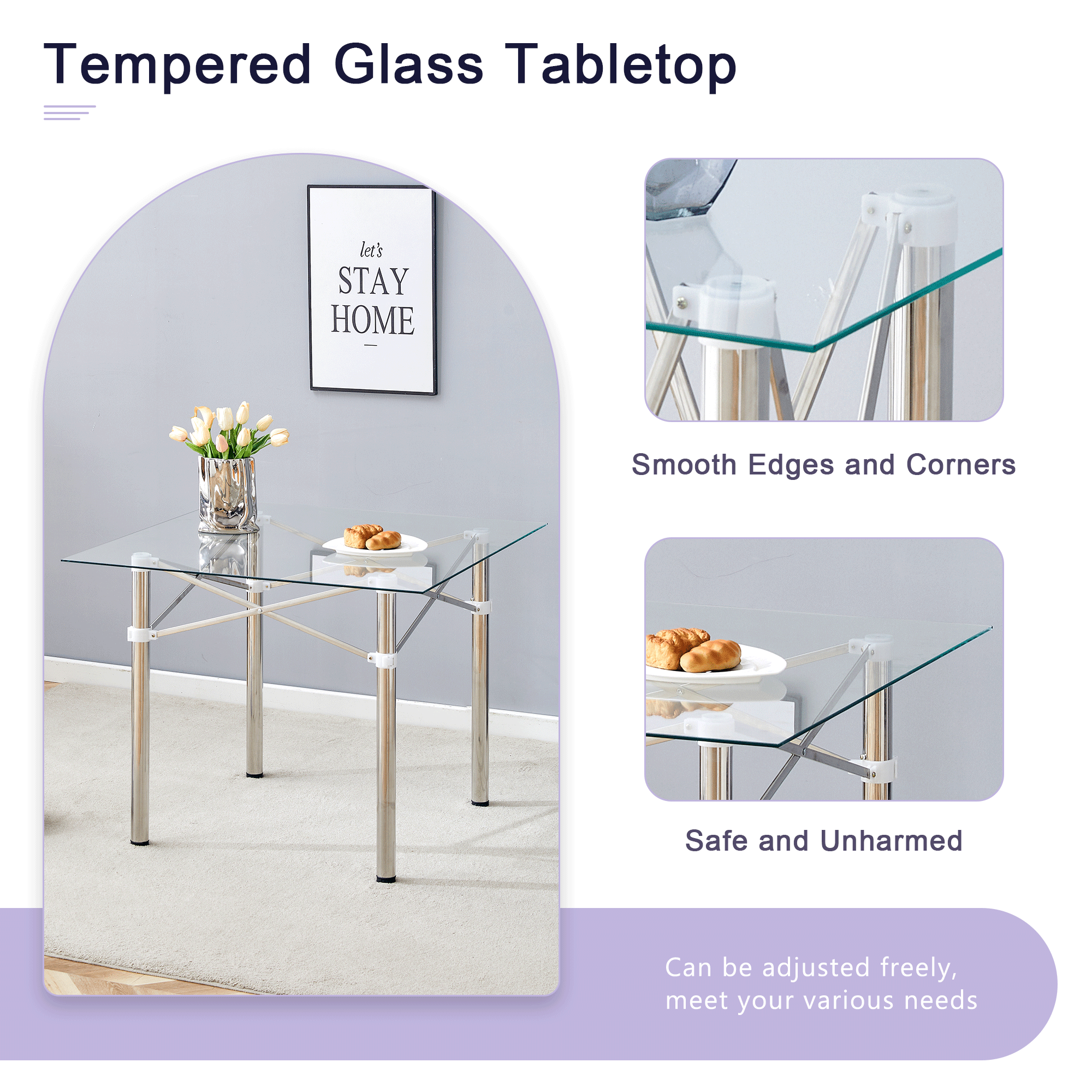 Elegant Expandable Square Glass Table - 36' Clear Tempered Glass, Silver Metal Legs.Telescopic metal legs, transparent square glass tabletop, suction cup attachment connection.