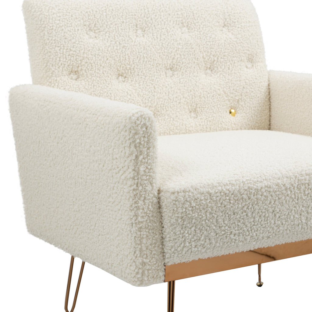 COOLMORE  Armchair Single Sofa Modern Tufted Upholstered Side Reading Chairs with Arm and Gold Metal Leg for Living Room Bedroom (White teddy )