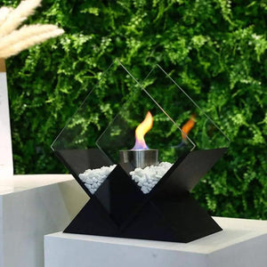 JHY DESIGN black geometric tabletop ethanol fireplace with glass diamond panels and white stones, ventless dancing flame