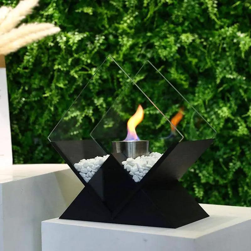 JHY DESIGN black geometric tabletop ethanol fireplace with glass diamond panels and white stones, ventless dancing flame