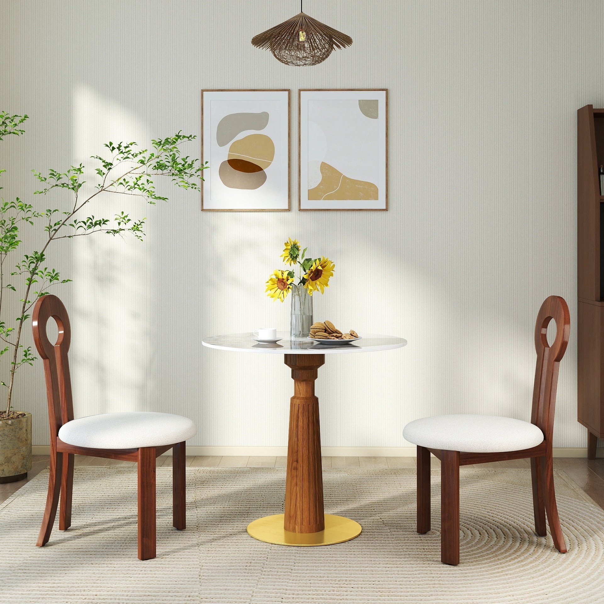 Modern Round Dining Table, 33.5' Sintered Stone Table with Wooden Leg & Gold Base, 2 - Person Kitchen Table for Small Space, 150lbs Weight Capacity(Only the Negotiation Table)