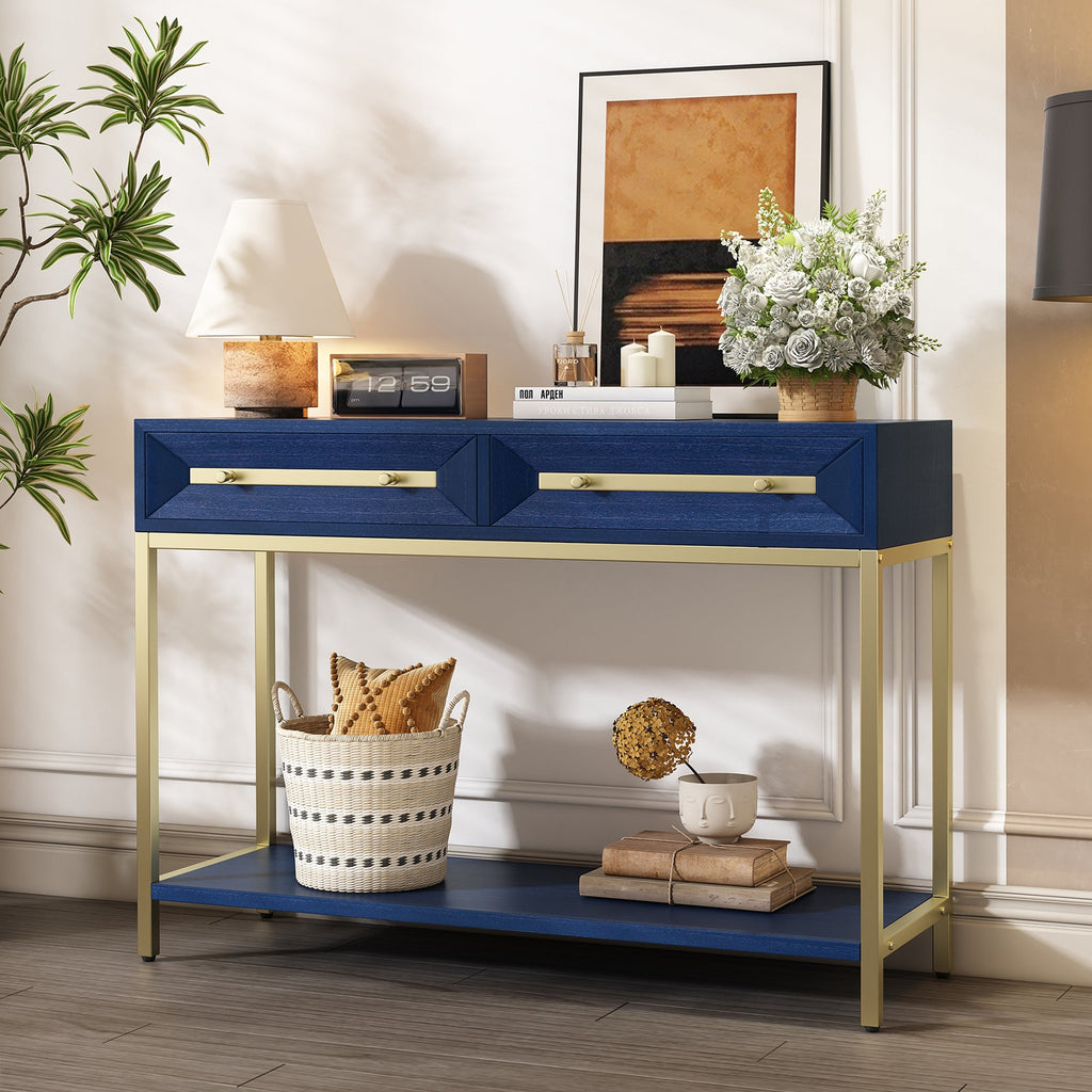 TREXM Entryway Table, Console Table with Two Drawers, Retro Hallway Table with Striking Geometric Design for Entryway and Living Room (Navy)