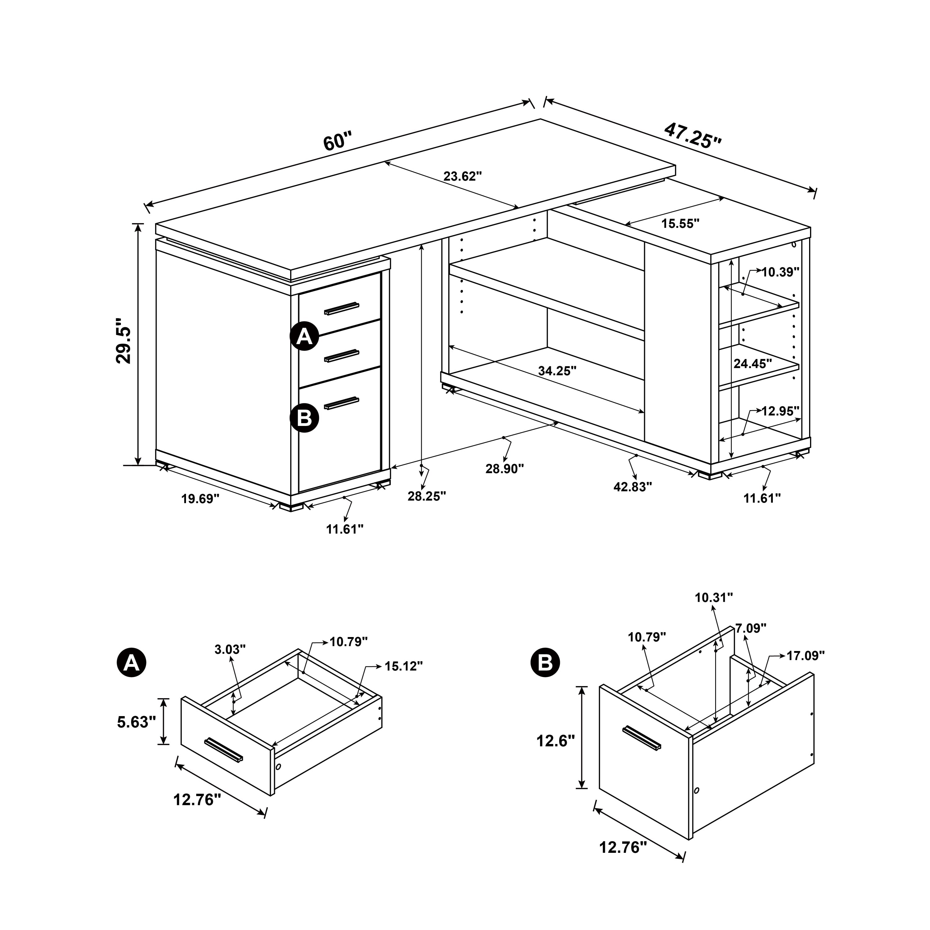 Tona White Driftwood 3-Drawer L-Shape Computer Desk