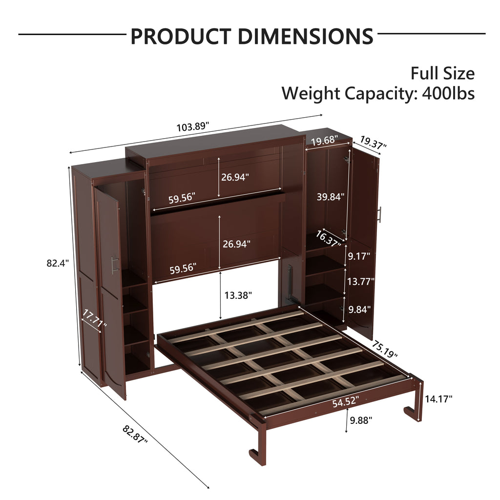 Full Size Murphy Bed, Wooden Full Wall Bed with 2 Wardrobe and Storage Shelf, Multifunctional Foldable Platform Bedframe for Guest-Room, Bedroom, Walnut