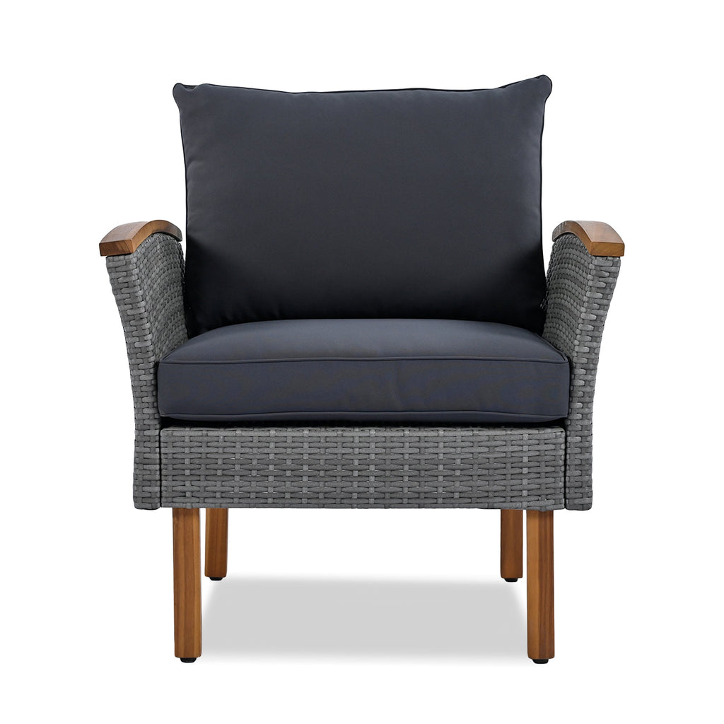 GO 9-Piece Patio Rattan Furniture Set, Outdoor Conversation Set With Acacia Wood Legs and Tabletop, PE Rattan Sectional Sofa Set with Coffee Table, Washable Cushion, Gray