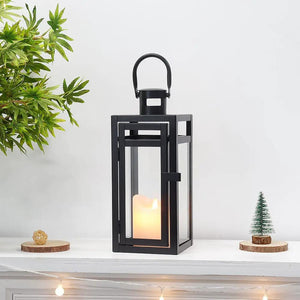 12-inch high metal decorative candle lantern, black with glass panels by JHY DESIGN