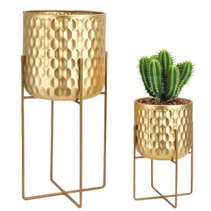 Planters with stands; 2-piece tall gold set in 17 and 12 inch sizes by JHY DESIGN
